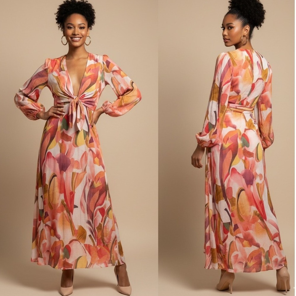 Petal & Pup Laquin Long Sleeve Maxi Dress Abstract Floral Cutout Bow Back Large